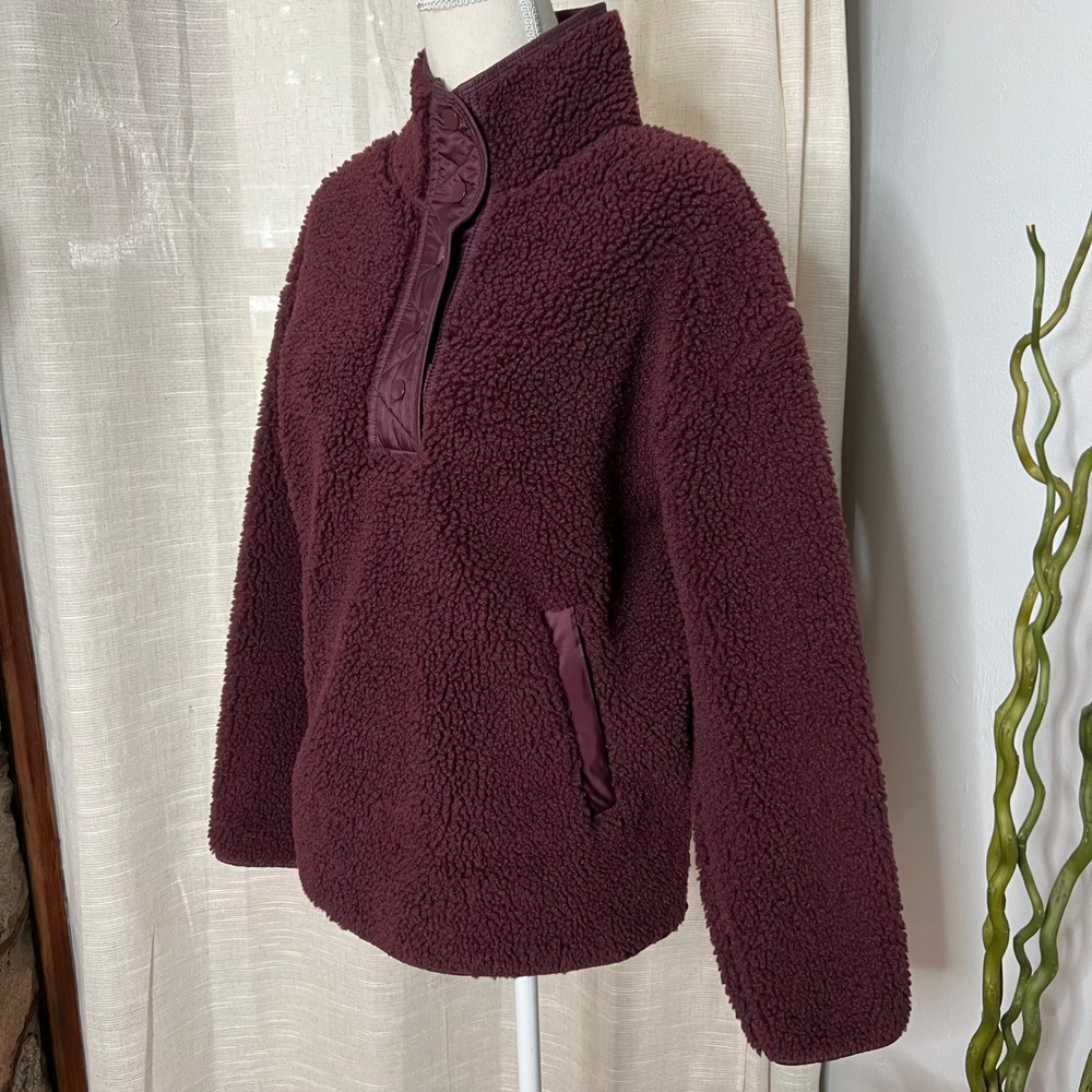 Athleta Cozy Sherpa Snap‎ Sweatshirt Oversized 466888 Maroon Women's Size Small - Picture 3 of 11